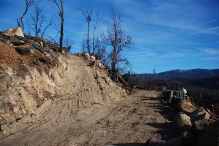 Image of a dirt road going to the top of a small wooded hill.