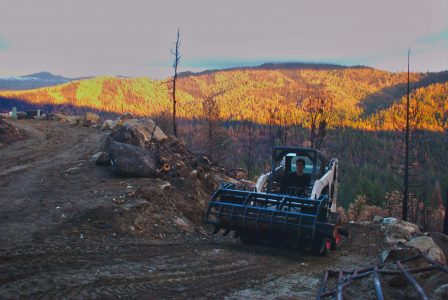 Image of the Bobcat carrying a load of logs, with the sunset lighting up the hills behind it