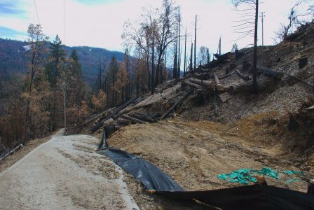 Image of the driveway with some dried dirt left where mud had once flowed